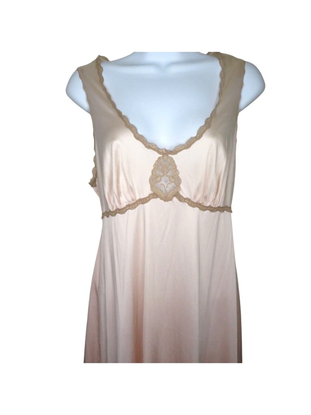 Vanity Fair Sweeping Peach Nylon Nightgown Lace Trim Details Size 36 Made In USA